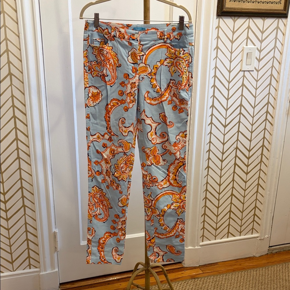J. McLaughlin Light Blue & Orange Paisley Cropped Pants